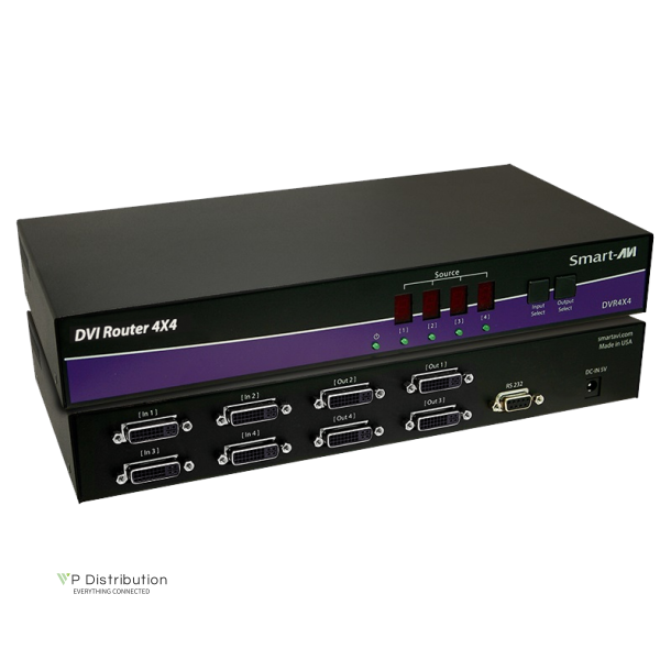 SmartAVI DVI-D, 4-Port, 4x4 Matrix Switch. Includes: [DVR4X4, PS5VD4A]