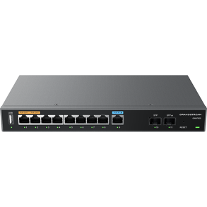 Grandstream Wired Router, 2x SFP, 9x GbE WAN/LAN, 1x PoE-In, 2x PoE-Out, 2.2Gbps NAT routing, 60K NAT sessions, VPN (530Mbps), DPI, SDN, cloud provisioning, integrated GWN local master, USB (cellular failover)