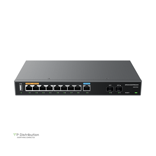 Grandstream Wired Router, 2x SFP, 9x GbE WAN/LAN, 1x PoE-In, 2x PoE-Out, 2.2Gbps NAT routing, 60K NAT sessions, VPN (530Mbps), DPI, SDN, cloud provisioning, integrated GWN local master, USB (cellular failover)