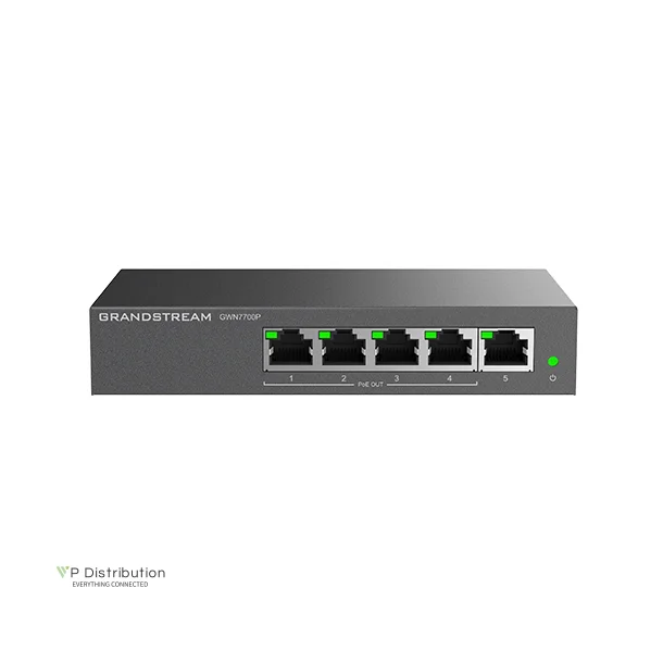 Grandstream Unmanaged Network Switch, 5x GbE RJ45, 4x PoE 802.3 af/at, up to 30W per port, 60W total power budget, metal case, 53.5V/1.22A PSU