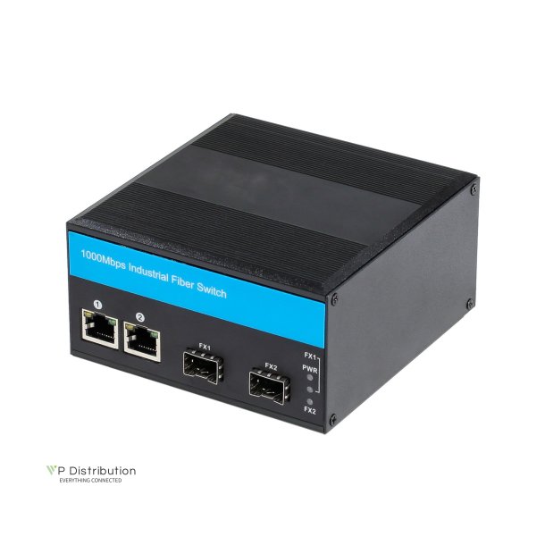 PeakOptical PeakOptical Industrial Fiber Switch 2 SFP to (2) UTP 10/100/1000Mbps w. PoE External 2A PSU, Ext. Temperature Range