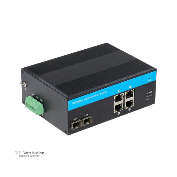 PeakOptical PeakOptical Industrial Fiber Switch 2 SFP to (4) UTP 10/100/1000Mbps w. PoE External 4A PSU, Ext. Temperature Range