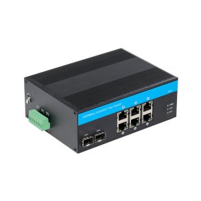PeakOptical PeakOptical Industrial Fiber Switch 2 SFP to (6) UTP 10/100/1000Mbps w. PoE External 4A PSU, Ext. Temperature Range