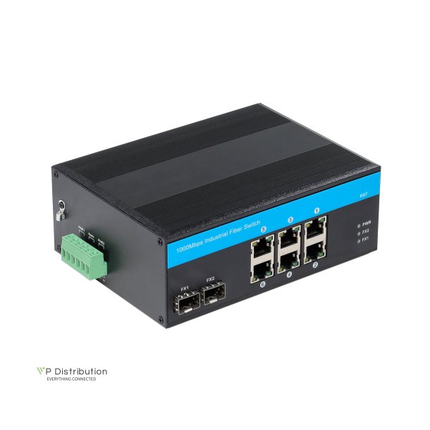 PeakOptical PeakOptical Industrial Fiber Switch 2 SFP to (6) UTP 10/100/1000Mbps w. PoE External 4A PSU, Ext. Temperature Range