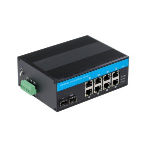 PeakOptical PeakOptical Industrial Fiber Switch 2 SFP to (8) UTP 10/100/1000Mbps w. PoE External 4A PSU, Ext. Temperature Range