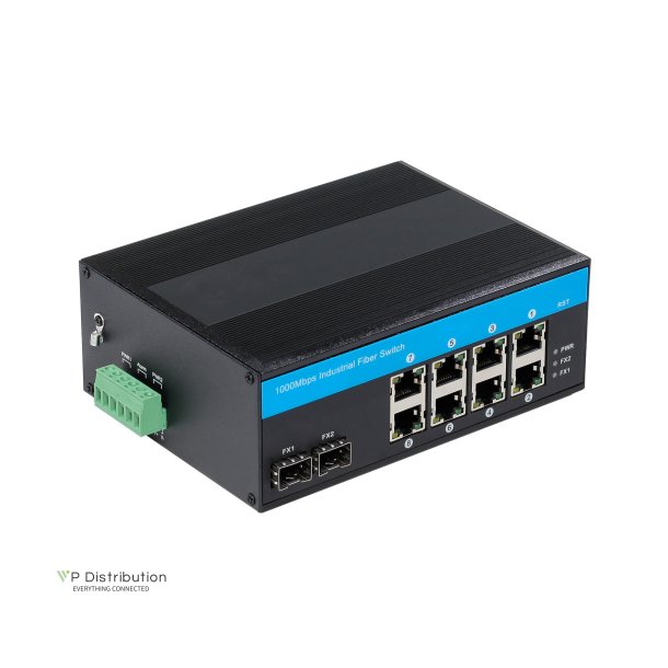 PeakOptical PeakOptical Industrial Fiber Switch 2 SFP to (8) UTP 10/100/1000Mbps w. PoE External 4A PSU, Ext. Temperature Range