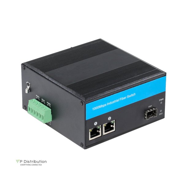 PeakOptical PeakOptical Industrial Fiber Switch 1 SFP to (2) UTP 10/100/1000Mbps w. PoE External 2A PSU, Ext. Temperature Range