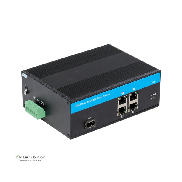 PeakOptical PeakOptical Industrial Fiber Switch 1 SFP to (4) UTP 10/100/1000Mbps w. PoE External 4A PSU, Ext. Temperature Range