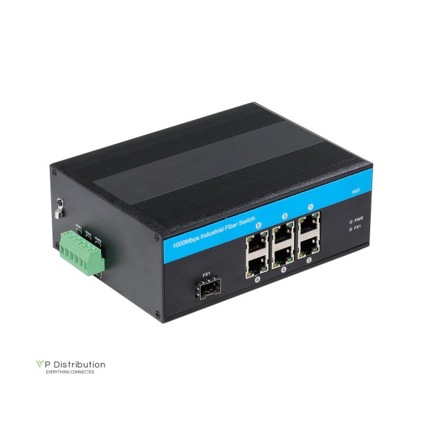 PeakOptical PeakOptical Industrial Fiber Switch 1 SFP to (6) UTP 10/100/1000Mbps w. PoE External 4A PSU, Ext. Temperature Range