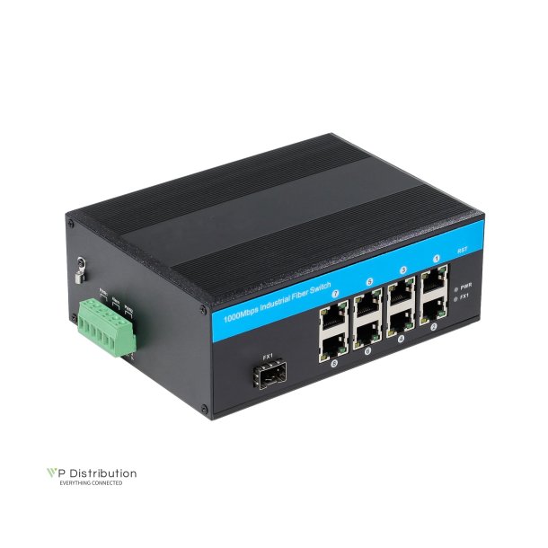 PeakOptical PeakOptical Industrial Fiber Switch 1 SFP to (8) UTP 10/100/1000Mbps w. PoE External 4A PSU, Ext. Temperature Range