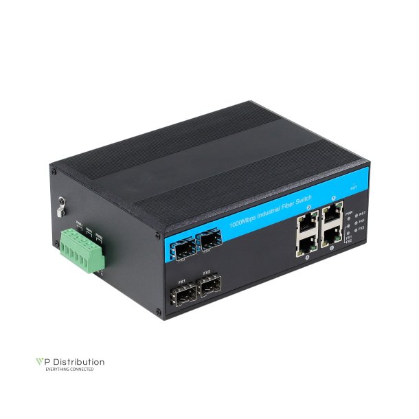 PeakOptical PeakOptical Industrial Fiber Switch 4 SFP to (4) UTP 10/100/1000Mbps w. PoE External 4A PSU, Ext. Temperature Range