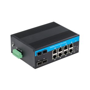 PeakOptical PeakOptical Industrial Fiber Switch 4 SFP to (8) UTP 10/100/1000Mbps w. PoE External 4A PSU, Ext. Temperature Range