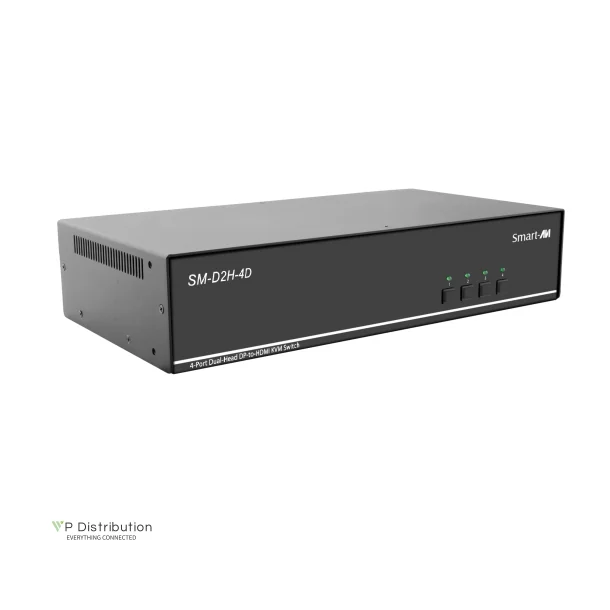 SmartAVI DisplayPort In, 4-Port, Dual-Head, HDMI Out KVM Switch with USB 2.0 and Audio Support. [D2H-4P-DUO, PS12VD2A]