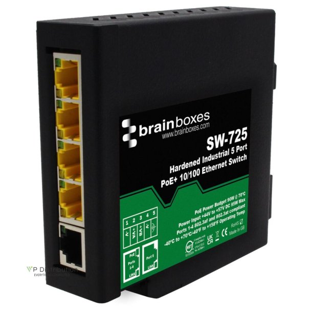 Brainboxes Hardened Industrial 5 Port PoE+ 10/100 Ethernet Switch