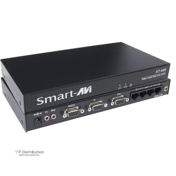 SmartAVI UXGA, Stereo Audio, IR &amp; RS-232 Point-to-Multipoint CAT5 Extender, 4-Port Transmitter. Includes: [XT-TX400, CCVGAMM06, PS5VD3A-wllmt]