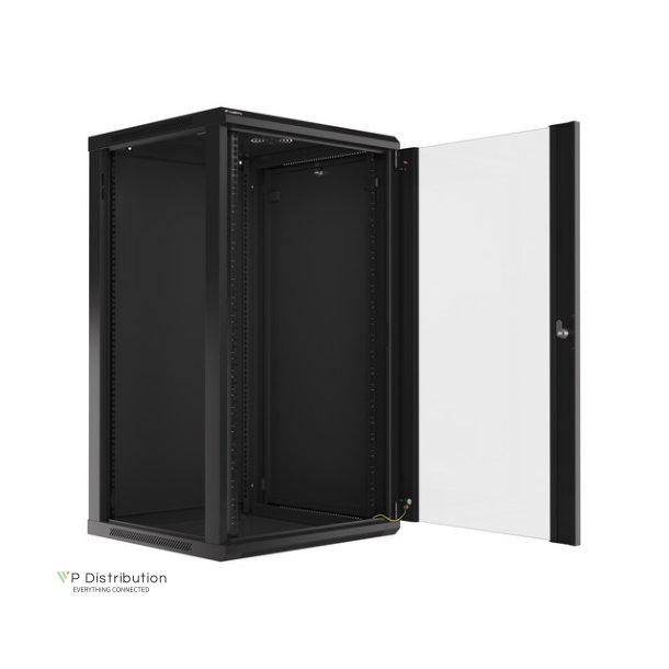 RACK CABINET 19" WALL-MOUNT 22U/600X600 (FLAT PACK) WITH GLASS DOOR BLACK LANBERG V2
