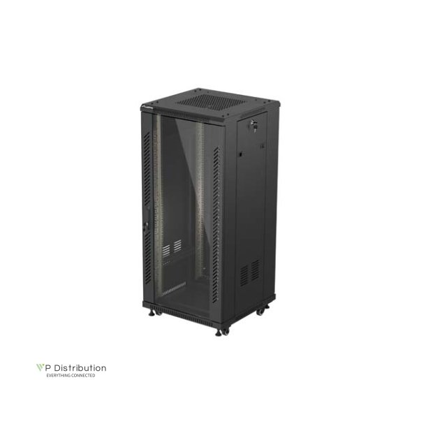 RACK CABINET 19" FREE-STANDING 27U/600X600 (FLAT PACK) WITH GLASS DOOR BLACK LANBERG