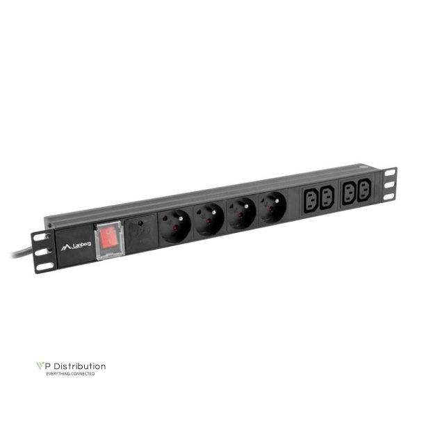 POWER DISTRIBUTION UNIT (PDU) 19" LANBERG 1U 10A 2M 4X FRENCH OUTLETS 4X IEC C13 OUTLETS BLACK C14