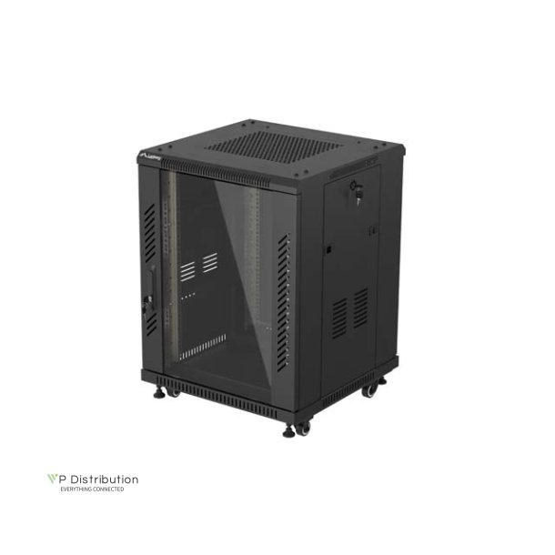 RACK CABINET 19" FREE-STANDING 15U/600X600 (FLAT PACK) WITH GLASS DOOR BLACK LANBERG