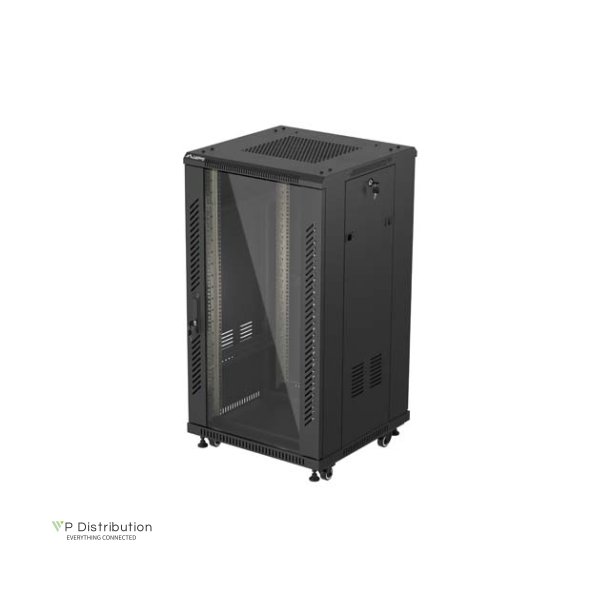 RACK CABINET 19" FREE-STANDING 22U/600X600 (FLAT PACK) WITH GLASS DOOR BLACK LANBERG