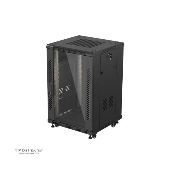 RACK CABINET 19" FREE-STANDING 18U/600X600 (FLAT PACK) WITH GLASS DOOR BLACK LANBERG