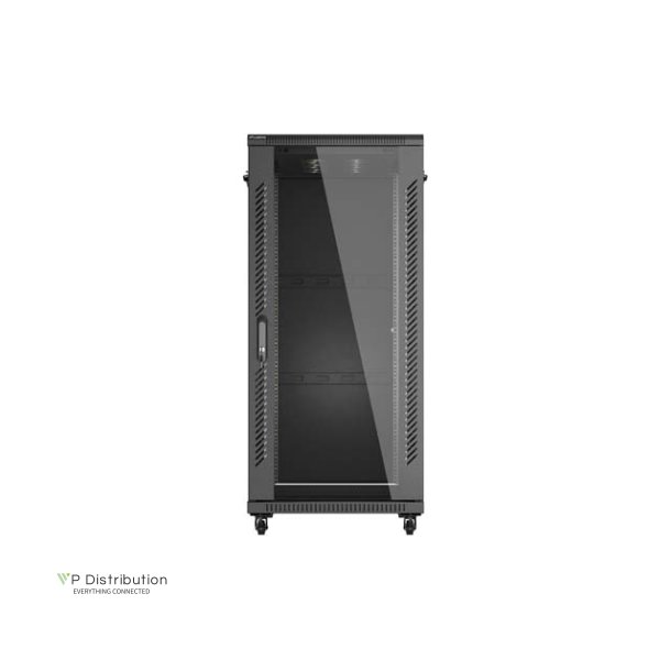 RACK CABINET 19" FREE-STANDING 27U/600X1000 (FLAT PACK) WITH GLASS DOOR BLACK LANBERG