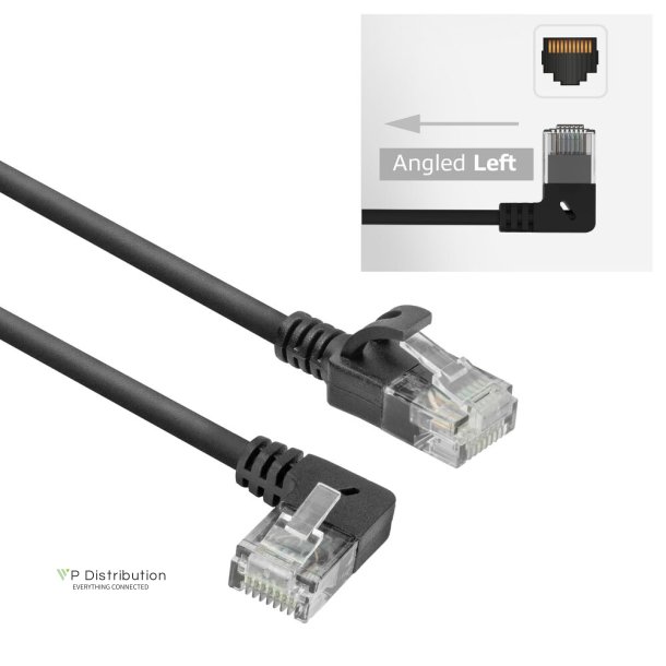 ACT Black 0.5 meters U/UTP CAT6A LSZH Slimline patch cable with RJ45 connectors 90&deg; angled left to straight