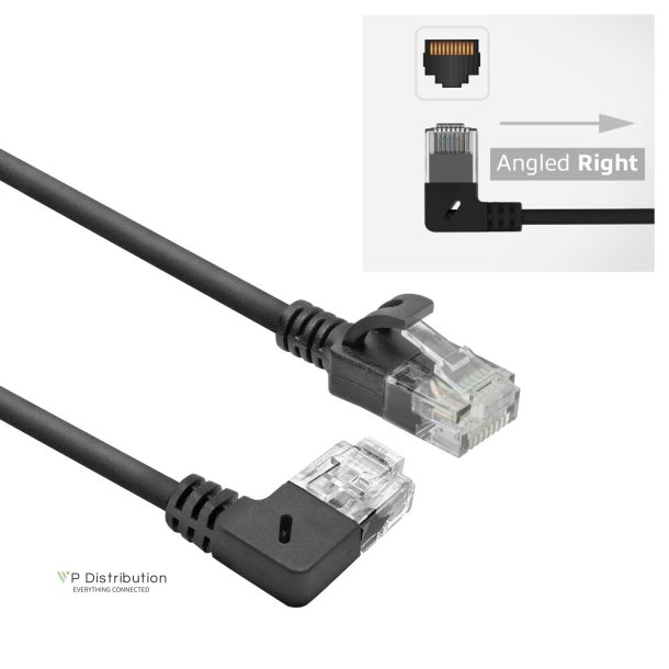 ACT Black 0.5 meters U/UTP CAT6A LSZH Slimline patch cable with RJ45 connectors 90&deg; angled right to straight