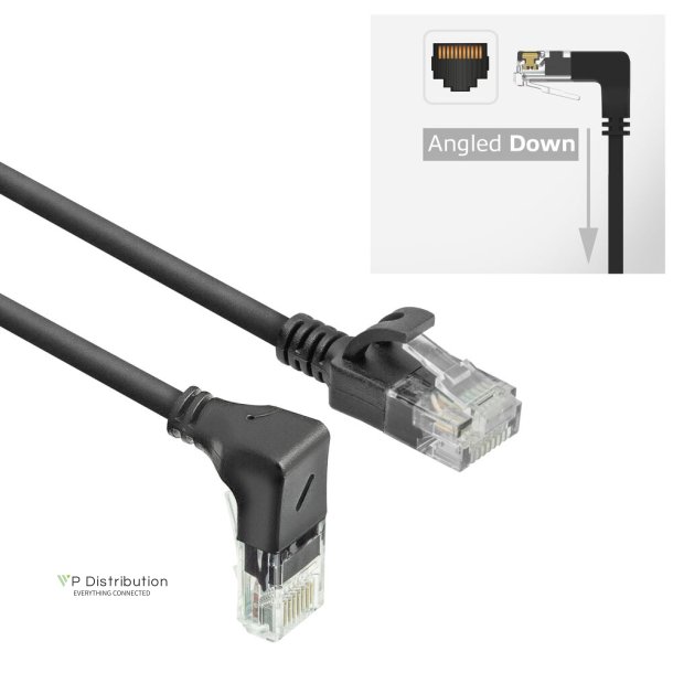 ACT Black 1 meter U/UTP CAT6A LSZH Slimline patch cable with RJ45 connectors 90&deg; angled down to straight