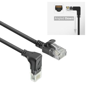 ACT Black 0.15 meters U/UTP CAT6A LSZH Slimline patch cable with RJ45 connectors 90&deg; angled down to straight