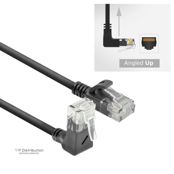 ACT Black 0.5 meters U/UTP CAT6A LSZH Slimline patch cable with RJ45 connectors 90&deg; angled up to straight