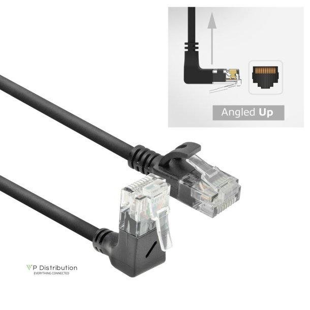 ACT Black 1 meter U/UTP CAT6A LSZH Slimline patch cable with RJ45 connectors 90&deg; angled up to straight