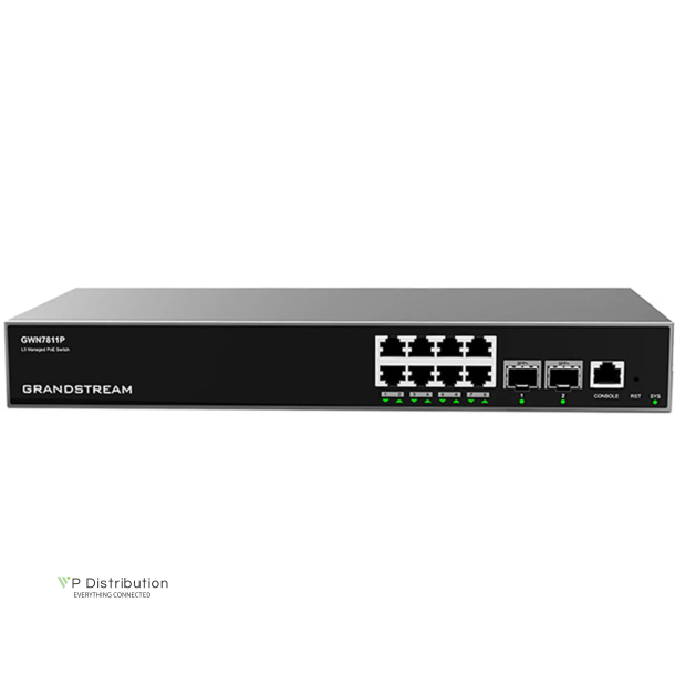 Grandstream Layer 3 Managed Network Switch, 8x GbE RJ45 PoE 802.3 af/at, up to 30W per port, 2x SFP+, fan-less