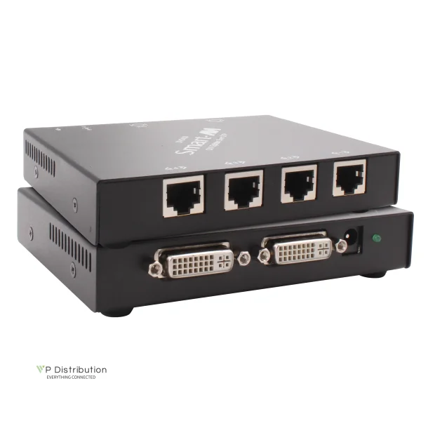 SmartAVI Four-Port; DVI-D, 4-Port, Point-to-Multipoint CAT5/5e/6 STP Extender, Transmitter with local video output. Includes: [DVS-TX400, CCDVIMM06, PS5VD2A] 