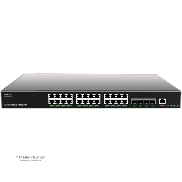 Grandstream Layer 3 Managed Network Switch, 24x GbE RJ45 PoE 802.3 af/at, up to 60W per port, 4x SFP+, stackable, optional redundant PSU