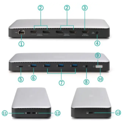 USB-C Docking Station, 13-Port, 3x HDMI, 2x DP 4x USB-A, 1x USB-C, 1x RJ45, 1x DC, 1x Audio